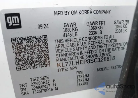 2025 Chevrolet Trax Fwd Lt из США, поврежденный, VIN KL77LHEP8SC128818